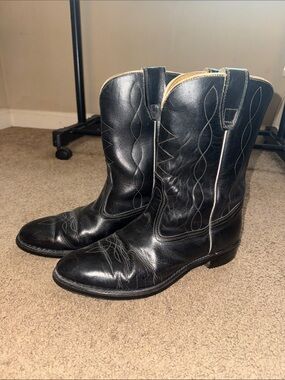 Vintage Men's Black Western Leather Cowboy Boots with Decorative Stitching